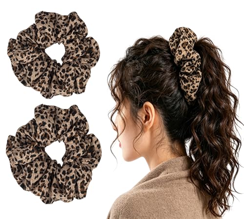 Leopard Satin Hair Scrunchies 2-Pack Elastic Cheetah Hair Ties