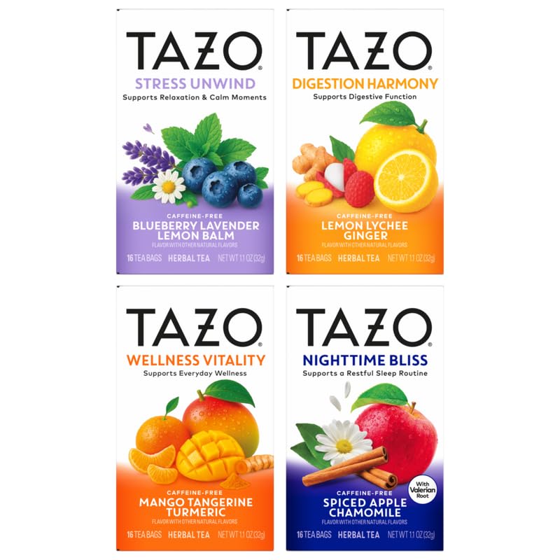 TAZO Herbal Tea Variety Pack, Caffeine-Free Wellness Collection, 16 Count