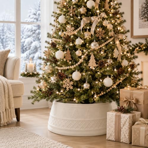 White Cable Knit Christmas Tree Collar 23-28 Inch Farmhouse Decor