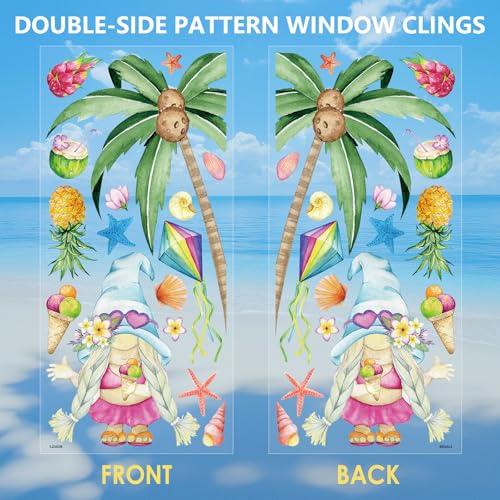 Hello Summer Gnome Window Clings - 2 Large Sheets of Tropical Decor
