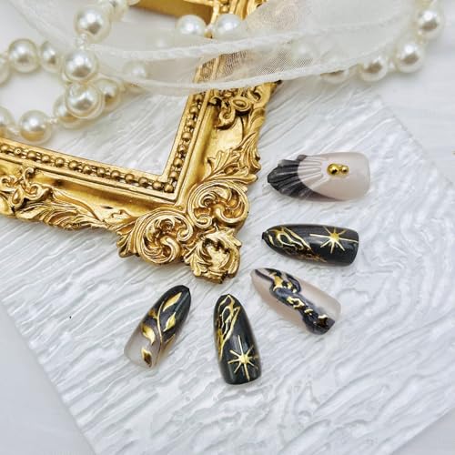 Black French Tip Press On Nails Medium Almond Fall Maple Leaf False Nails