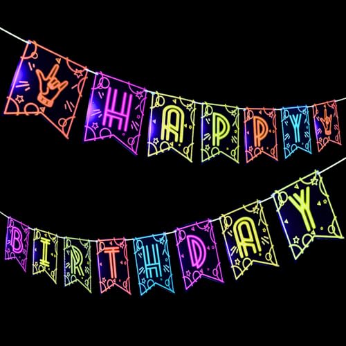 Neon Glow Happy Birthday Banner Pre-Strung Black Light Party Decorations