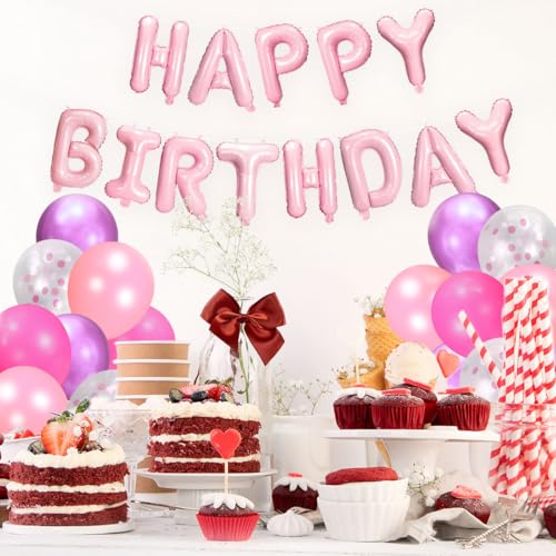 Pink Mylar Happy Birthday Balloons Kit - Party Decoration Set