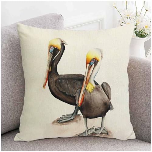 Pelican Decorative Linen Pillow Cover 18x18 Farmhouse Square Cushion Case