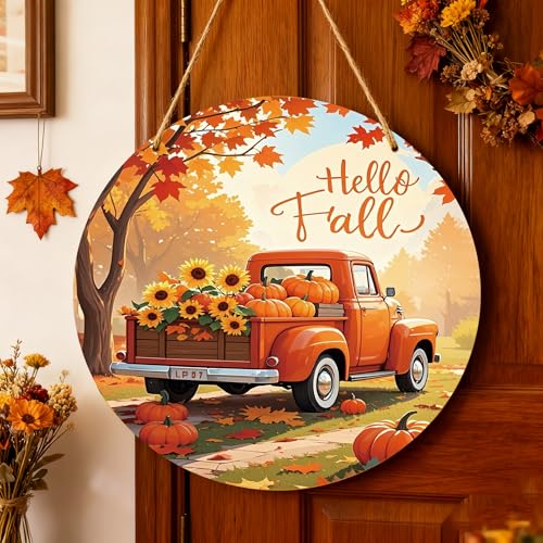 Hello Fall Wooden Hanging Sign for Front Door Autumn Home Decor
