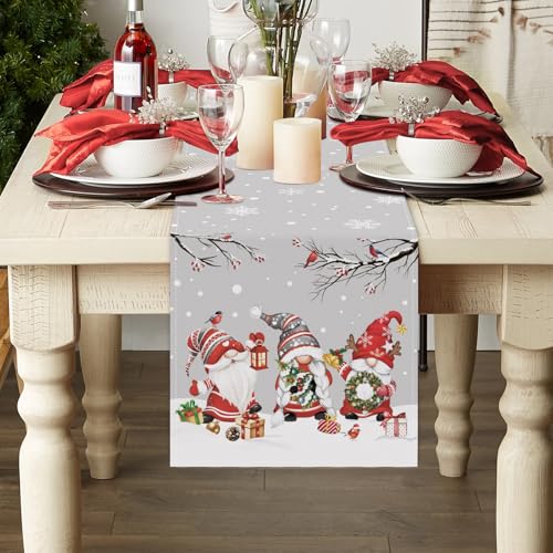 Grey Christmas Gnome Table Runner 13x90 Inch Winter Holiday Decor