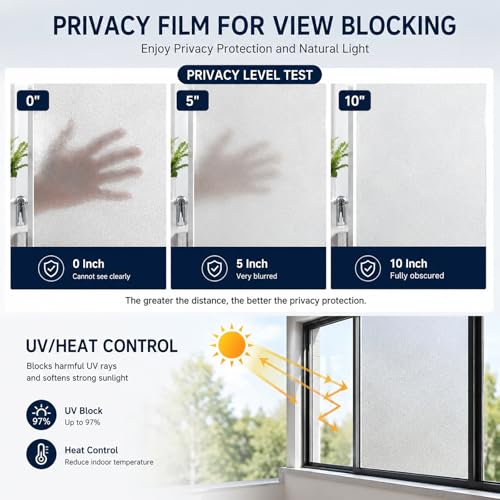 Soqool Frosted Glass Privacy Film - Self-Adhesive, UV Blocking, 17.7" x 78.7"