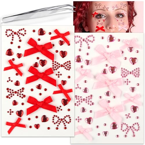 Heart Face Gem Stickers Red Pink Self-Adhesive Rhinestones for Makeup