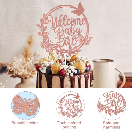 PEUTIER Welcome Baby Girl Cake Topper, Rose Gold Glitter, 8.27x5.71 Inch