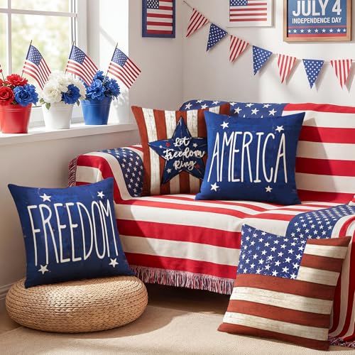 OTOSTAR 4th of July Throw Pillow Covers, Star Flag Patriotic Set of 4, 16x16