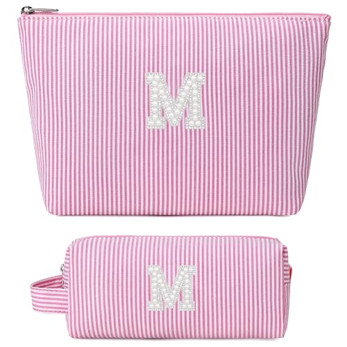 Initial Makeup Bag Personalized Striped Cosmetic Toiletry Pouch Pink M