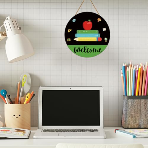YUNKKIN Classroom Welcome Sign - Apple, Books & Pencils Decor for First Day of School