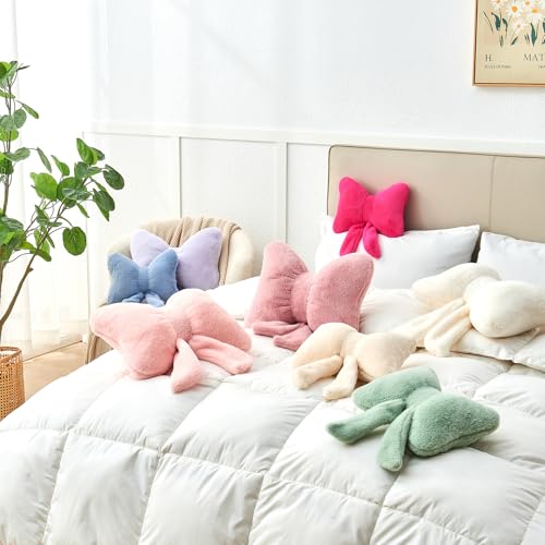 Soft Pink Bow Pillow - 12'' Decorative Throw Pillow with Faux Rabbit Fur