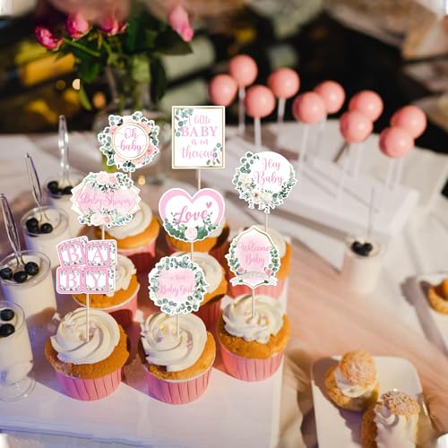 40 Pack Hey Little Girl Baby Shower Cupcake Toppers, Pink Theme Picks