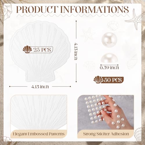 ForraFun 25 Sets Embossed Seashell Wedding Place Cards with Pearl Stickers - Beach Table Decoration