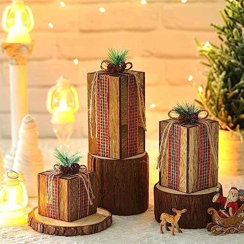 3 Pack Christmas Wooden Gift Box Table Centerpieces - Brown, 4
