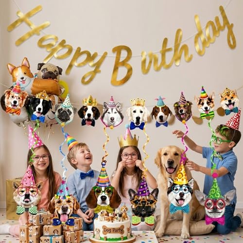 Dog Birthday Banner Set with Gold Glitter & Decorations