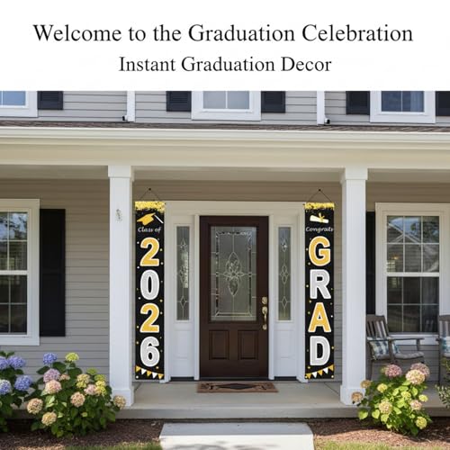 Class of 2026 Graduation Banner - Black & Gold Porch Decor 70" x 11"