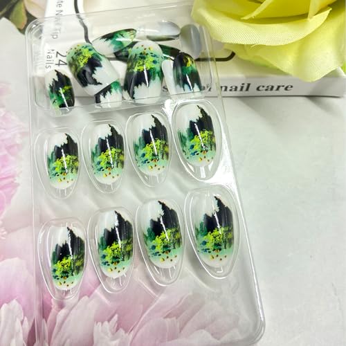 Green Press on Nails Medium Oval False Nails Forest Pine Tree Design 24Pcs