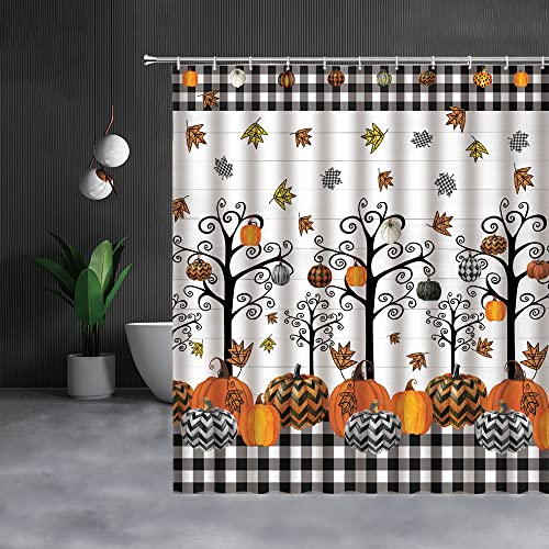 Rustic Autumn Pumpkin Shower Curtain, Fall Floral Buffalo Check, 72x72 Inch