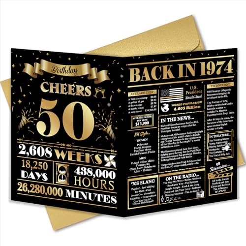 Qiliji Jumbo 50th Birthday Card - Vintage 1974 Newspaper Sign Gift