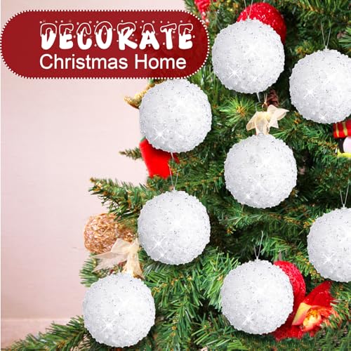 White Christmas Ball Ornaments 3.15 Inch Glitter Sequin Set of 8