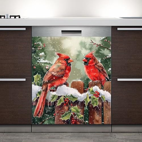 Winter Snow Red Bird Dishwasher Magnet Cover - 23x26 Inches, Magnetic Vinyl Wrap
