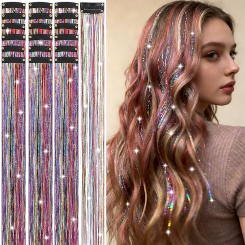 Aouuhe Clip-in Hair Tinsel Kit - 18 Pcs 20.5 Inch Glitter Hair Extensions
