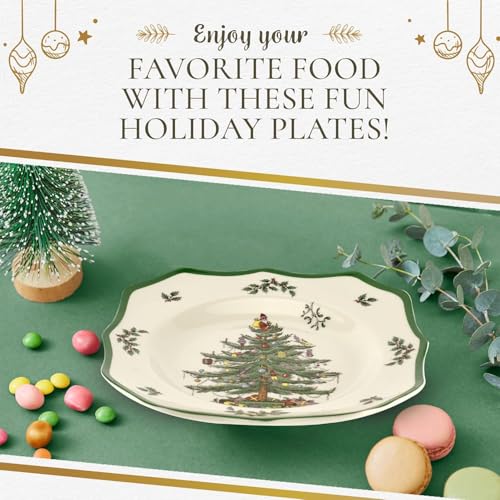 Spode Christmas Tree Scalloped Dinner Plate - Holiday-Themed Stoneware Large Plate - 10.5 Inch Christmas Dinner Dish Featuring Colorful Gifts & Mistletoe Accents - Dishwasher & Microwave Safe