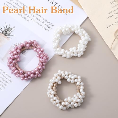 Xindojuz 3 Pack Pearl Scrunchies Beaded Hair Ties Ponytail Holder