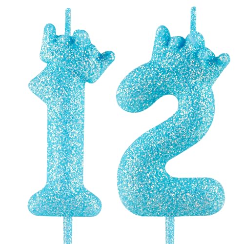 Glow in the Dark Number 12 Blue Glitter Crown Birthday Cake Candle