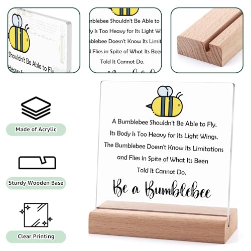 Inspirational Bee Acrylic Plaque with Wooden Stand - Positive Desk Decor Gift