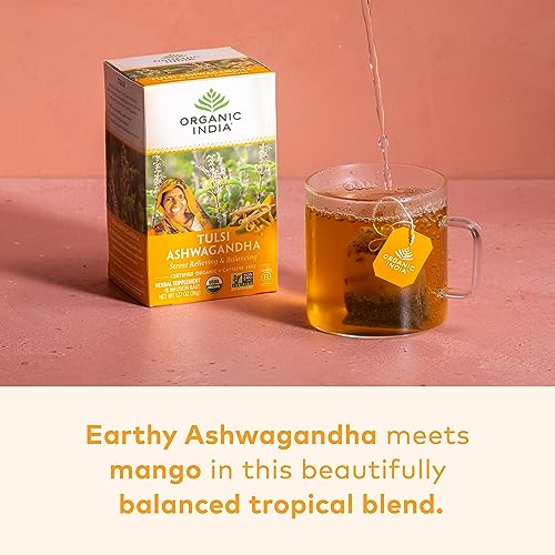 Organic India Calming Tulsi Ashwagandha Tea - 18 Infusion Bags, Stress Relief & Relaxation