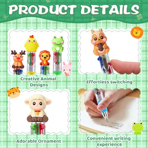 24 Multicolor Animal Pen Set for Kids - 4-in-1 Ballpoint Pens with Removable Animal Caps