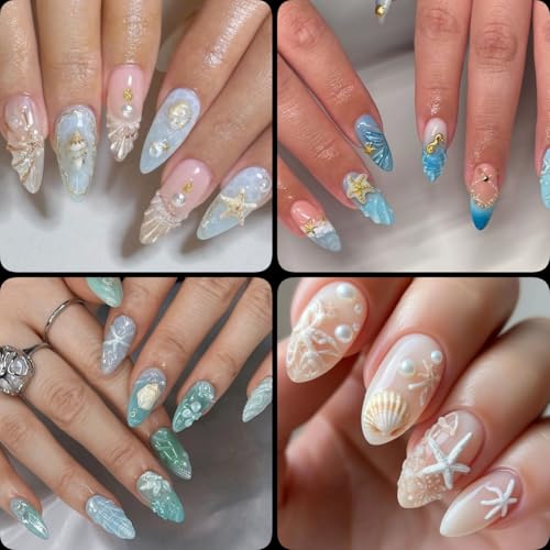 12 Grids Summer Beach Nail Charms 3D Seashell Starfish Pearls and Gold Rhinestones
