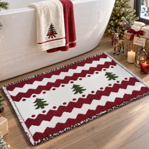 Christmas Waffle Bath Mat Rug - Non Slip Absorbent Holiday Decor, 24 x 36 - Red & White Tree