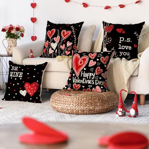 Red Heart Throw Pillow Covers for Valentine's Day - Set of 4