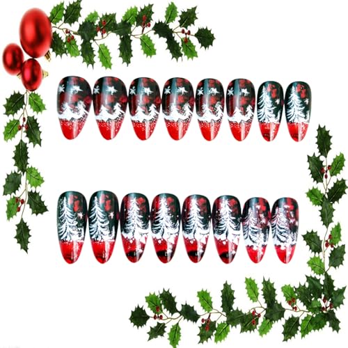 Christmas Press on Nails Medium Almond Fake Nails with Glitter Trees
