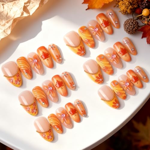 Fall Press on Nails Medium Almond French Tip 3D Flower Fake Nails