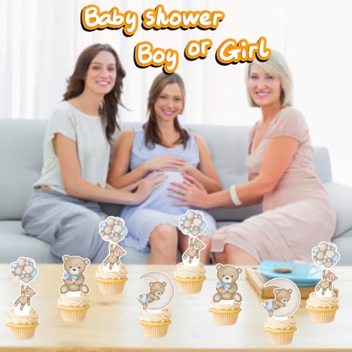 Blue Teddy Bear Cupcake Toppers - 48 Pcs Baby Shower Decorations