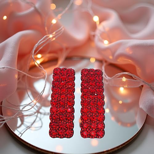 Red Rhinestone Snap Hair Clips for Women - 2 Pack Rectangular Hair Barrettes