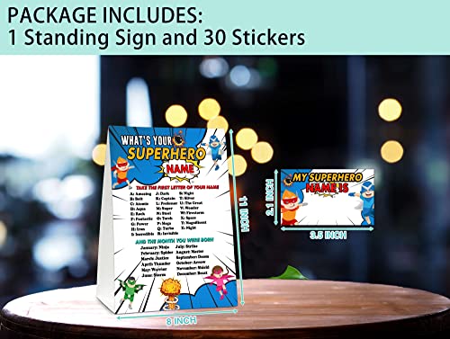 Superhero Name Game Party Activity Set with Sign and Stickers