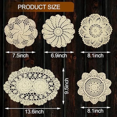 Handmade Beige Crochet Cotton Doilies Set of 5 - 7 to 14 Inch