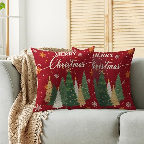 Merry Christmas Pillow Covers 18x18, Set of 2 Dark Red Holiday Throw Cases