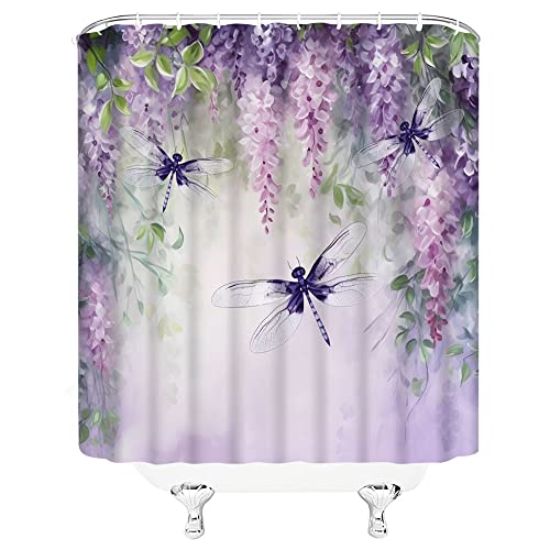 Purple Wisteria & Dragonfly Shower Curtain, 70 x 70 Inch Botanical Fabric