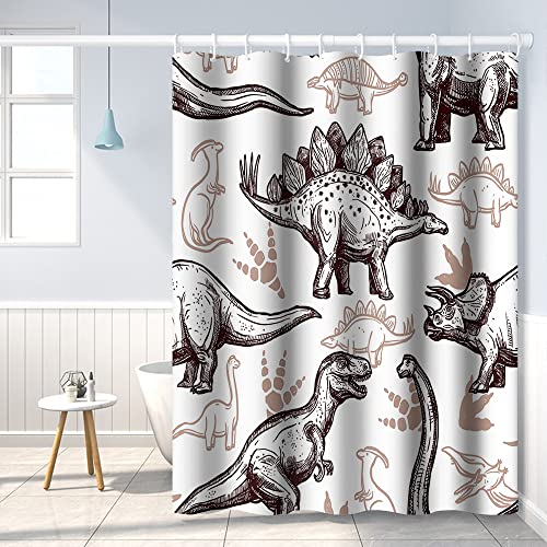 Dinosaur World Sketch Shower Curtain - Waterproof Polyester, 36x72 Inch Tan