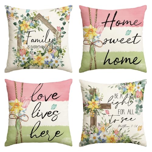 Floral Throw Pillow Covers 18x18 Inch, Spring Decorative Cushion Cases Set of 4