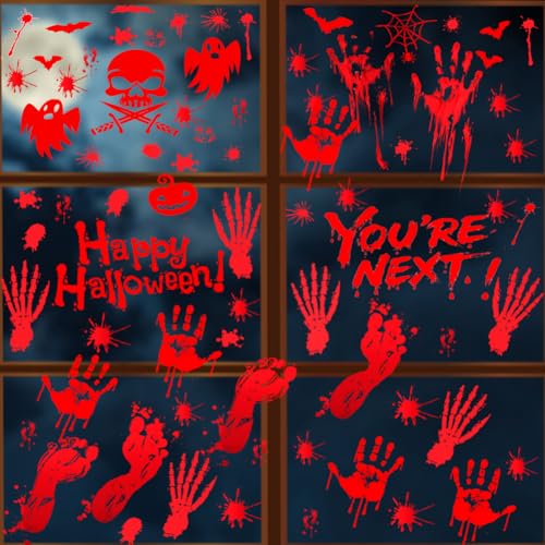 Halloween Window Clings - Bloody Handprint & Footprint Stickers, 9 Sheets