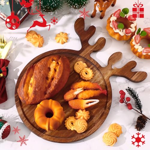 3 Pcs 12-Inch Acacia Wood Christmas Charcuterie Board with Deer Antler Handles - Rustic Serving Platters
