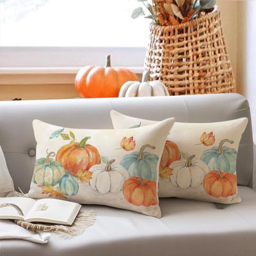 RABUSOFA Fall Lumbar Pillow Covers 12x20, Set of 2 Pumpkin Farmhouse Decor